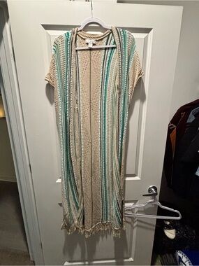 Beige & Teal Striped Knit Cardigan